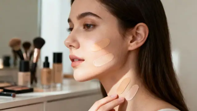 Kobieta testuje odcienie podkładu na twarzy i szyi. Zastanawia się, ile zarabia makijażystka miesięcznie, wybierając idealny kolor.