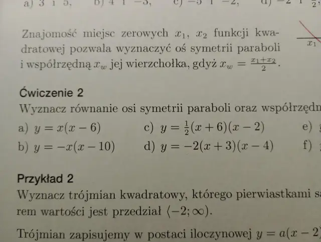 Fragment tekstu matematycznego z równaniami i wykresem paraboli.