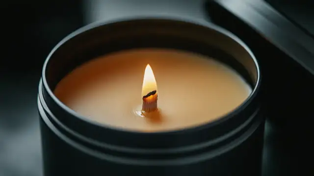 Płonący drewniany knot świecy w metalowym pojemniku.