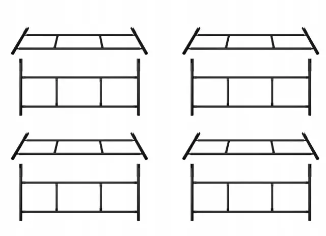 Cztery czarne, metalowe elementy rusztowania warszawskiego na białym tle.
