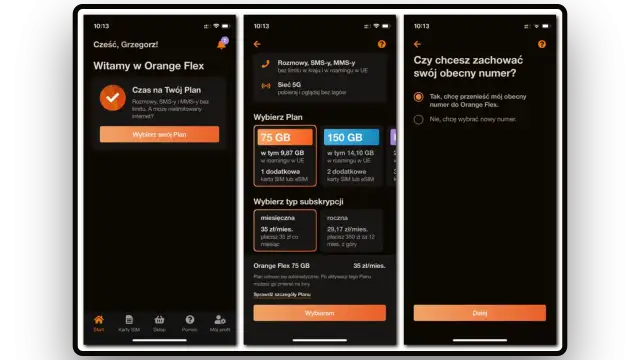 Aplikacja Orange Flex pozwala na wybór planu i przeniesienie numeru. Wybierz 75 GB lub 150 GB, a potem zdecyduj o subskrypcji.