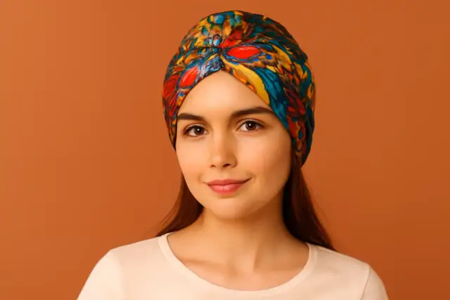 Uśmiechnięta młoda kobieta w kolorowym turbanie na głowie.