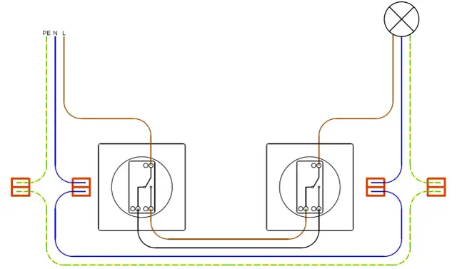 Schemat instalacji elektrycznej pokazujący, jak zamontować włącznik schodowy. Dwa włączniki sterują jedną lampą.