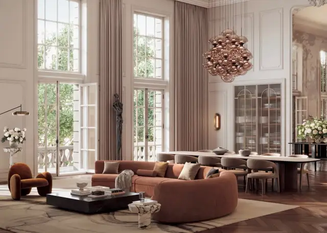 Eleganckie wnętrze z sofą w stylu "quiet luxury", odzwierciedlające najważniejsze trendy w estetyce na wesela i gale 2026.