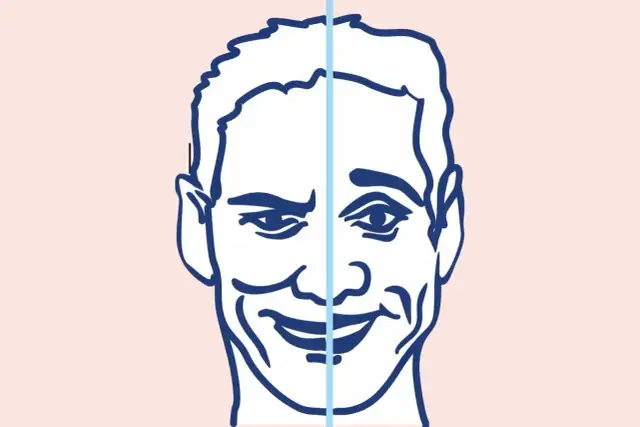 Ilustracja twarzy podzielonej na dwie części, z różnymi wyrazami.