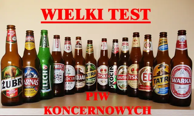 Rząd butelek piwa różnych marek, w tym Żubr, Lech, Tyskie, Tatra, Warka.