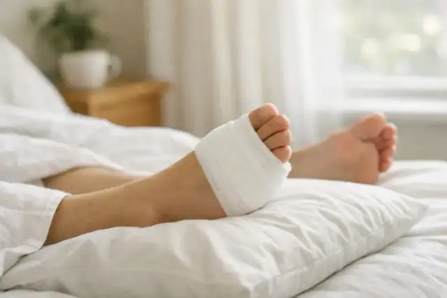 Stopa po operacji haluksa owinięta bandażem, leżąca na poduszce w łóżku.