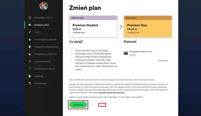 Ekran zmiany planu Spotify: obecny plan Premium Student, nowy plan Premium Duo, opcje płatności.