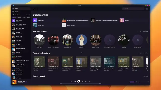 Widok ekranu aplikacji TIDAL z listą playlist, ulubionymi artystami i ostatnio odtwarzanymi utworami.