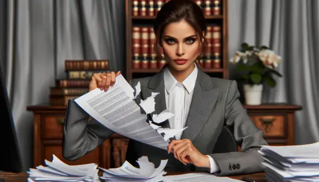 Kobieta w garniturze rozdziera dokument, symbolizując decyzję o tym, jak wycofać pozew z sądu.