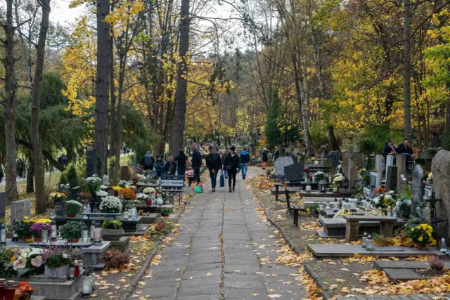 Aleja na cmentarzu jesienią, z ludźmi odwiedzającymi groby i opadłymi liśćmi.