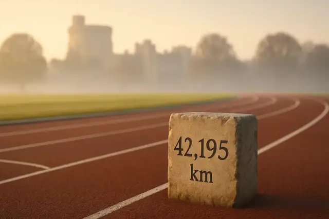 Pierre gravée "42,195 km" sur une piste de course au lever du soleil, avec un château brumeux en arrière-plan.