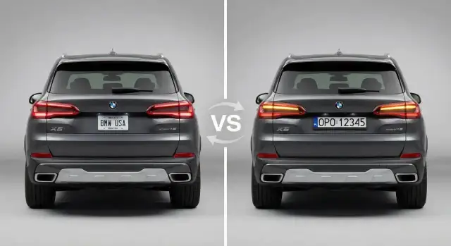 Dwa BMW X5, jedno z tablicą "BMW USA", drugie z polską. Czy BMW jest drogie w utrzymaniu? Porównanie modeli.