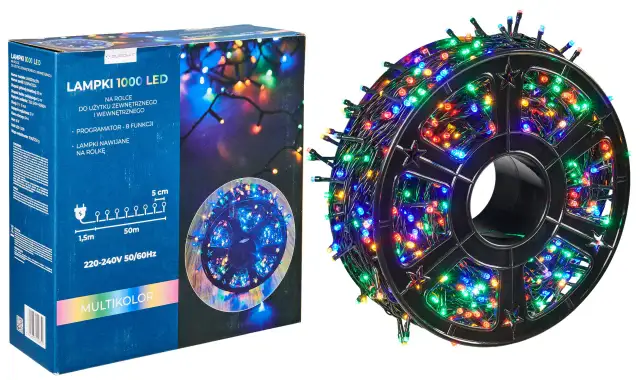 Lampki choinkowe LED na rolce, wielokolorowe, 1000 sztuk. Zasilanie 220-240V, moc 6W. Dowiedz się, ile prądu zużywają lampki choinkowe LED.