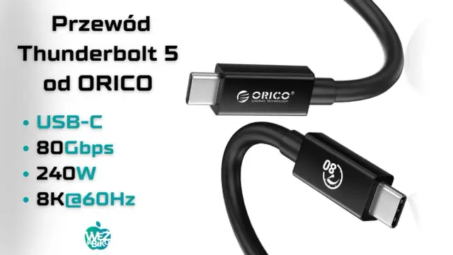 Kabel Thunderbolt 5 od ORICO z końcówkami USB typu C, obsługujący 80 Gbps, 240W i 8K@60Hz.
