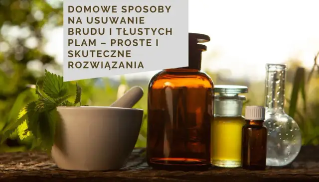 Domowe sposoby na usunięcie wrośniętego brudu i tłustych plam. Zioła i buteleczki z płynami sugerują naturalne metody.