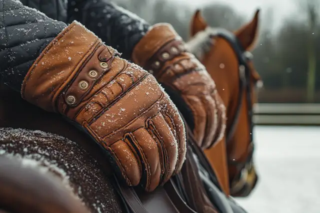 Zbliżenie na dłonie w brązowych, zimowych rękawiczkach jeździeckich, na tle konia i ośnieżonego krajobrazu.