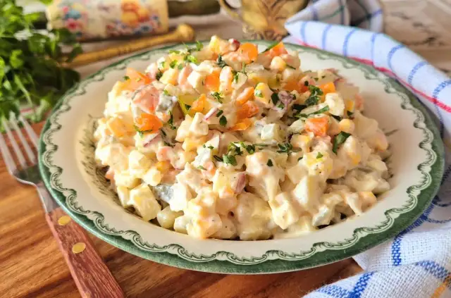 Sałatka jarzynowa w misce, udekorowana natką pietruszki, obok widelca.