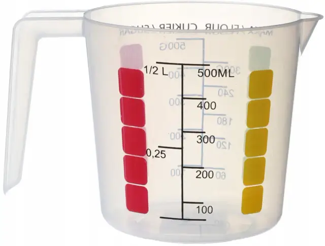 Przezroczysty dzbanek z miarką, z zaznaczonymi podziałkami w mililitrach i litrach.