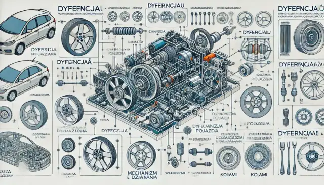 Ilustracja techniczna z przekładnią, kołami i elementami samochodu.