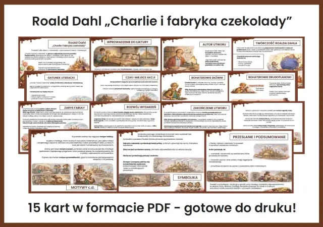 Charlie i fabryka czekolady: karty pracy z motywami, symboliką i podsumowaniem powieści Roalda Dahla.