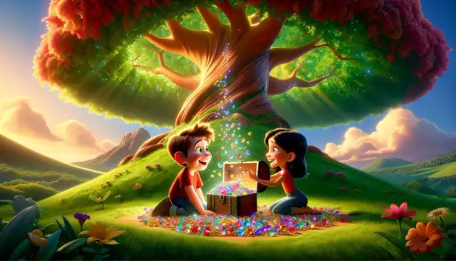 Dzieci odkrywają skrzynię pełną klejnotów pod magicznym drzewem. To jak znaleźć klucz do tego, jak napisać projekt edukacyjny – pełen cennych pomysłów!