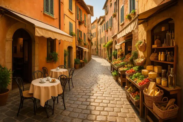 Uliczka we Włoszech z kawiarnianymi stolikami i sklepem z warzywami i serami.