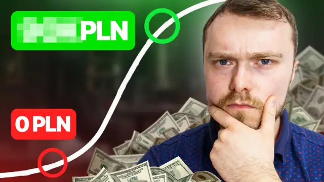 Mężczyzna zamyślony na tle stosu dolarów, z napisami "PLN" i "0 PLN" oraz wykresem giełdowym.