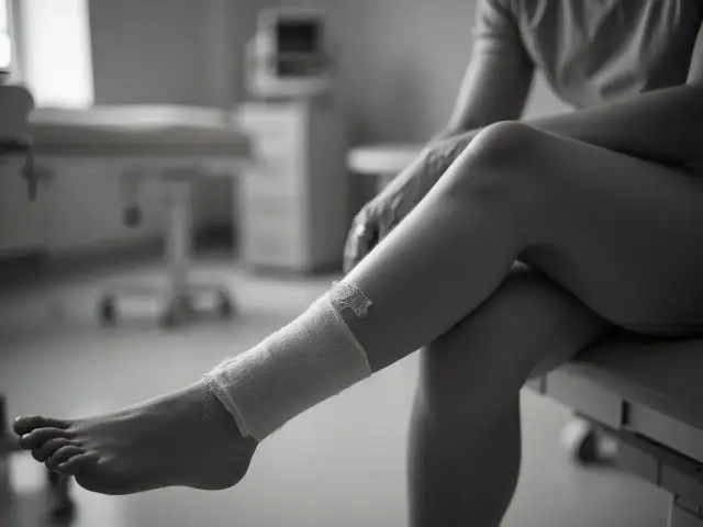 Noga z opatrunkiem na kostce i stopie, w tle gabinet lekarski.