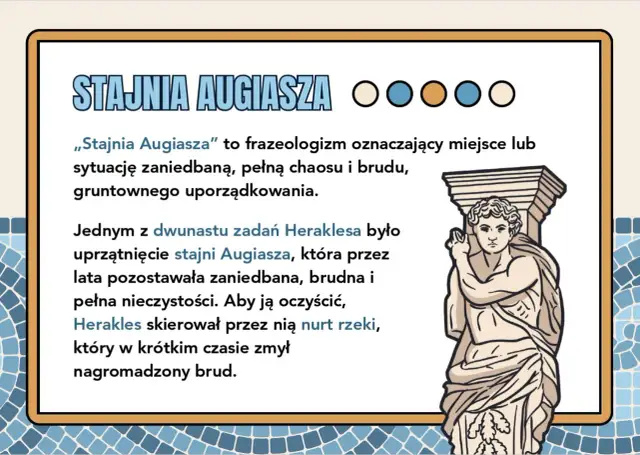 Ilustracja przedstawia antyczną rzeźbę Heraklesa na tle tekstu o "Stajni Augiasza".