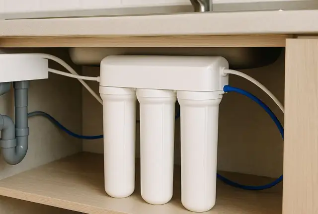 System filtracji wody pod zlewem, który odpowiada na pytanie: jaki filtr do wody z kranu? Białe wkłady i niebieskie wężyki.