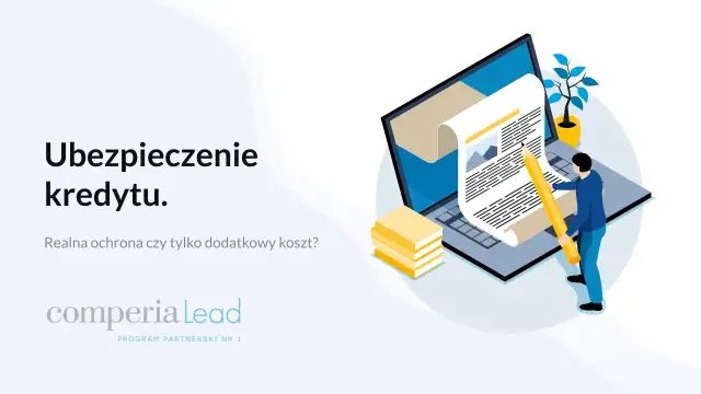 Ubezpieczenie kredytu: człowiek z ołówkiem analizuje dokument na laptopie, zastanawiając się nad ochroną.