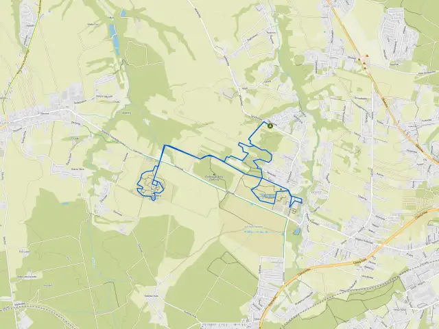 Mapa szlaków pieszych i rowerowych w okolicach Rudy Śląskiej. Widoczne tereny zielone, lasy, drogi i zabudowania. Ruda Śląska atrakcje turystyczne.