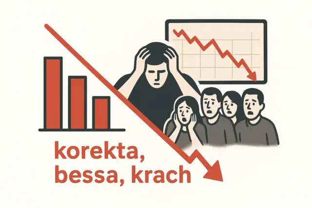 Zestresowani ludzie patrzą na wykresy z opadającymi słupkami i linią. To symboliczny obraz krachu na giełdzie i bessy.