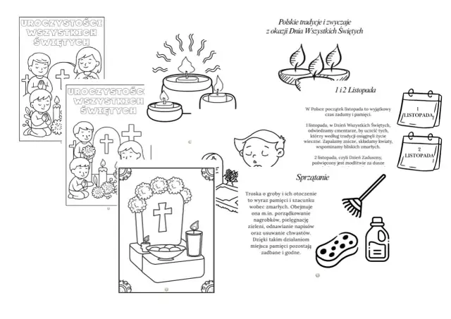 Ilustracje zniczy, dzieci modlących się i nagrobka na Święto Zmarłych.