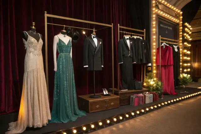 Eleganckie suknie i smokingi na manekinach. Inspiracja, co założyć do teatru, by wyglądać olśniewająco.