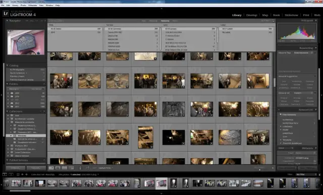 Katalogowanie zdjęć w Lightroom. Widok siatki z miniaturami, panele metadanych i słów kluczowych.