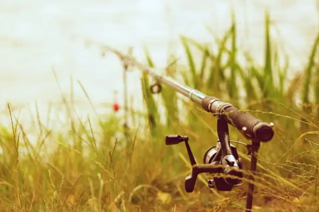 Wędka spławikowa z kołowrotkiem na tle trawy i wody.