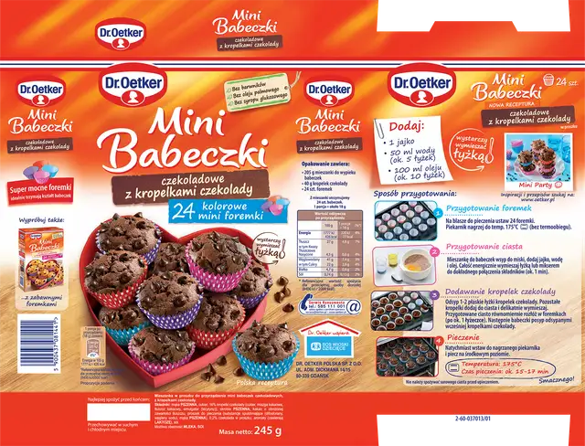 Babeczki Dr. Oetker w kolorowych foremkach, z czekoladowymi kroplami.