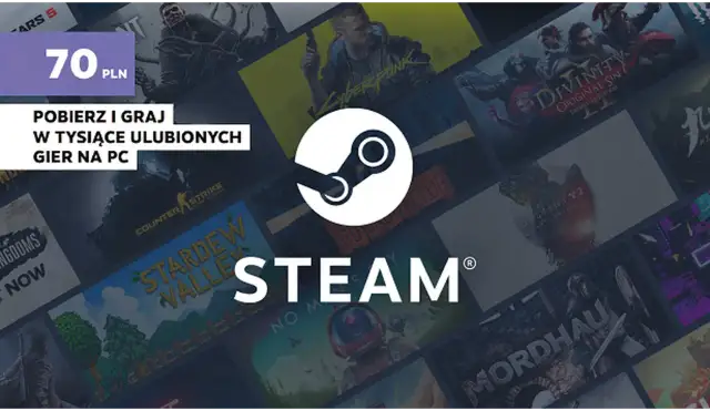 Logo Steam na tle okładek gier PC. Napis "70 PLN" i "Pobierz i graj w tysiące ulubionych gier na PC".