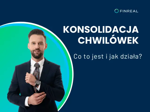 Mężczyzna w garniturze poprawia mankiet koszuli na tle grafiki z napisem "Konsolidacja chwilówek".