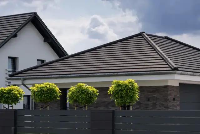 Dachówka karpiówka na dachu nowoczesnego domu z ozdobnymi drzewkami.