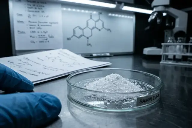 Biały proszek w szalce Petriego, rękawiczka, notatki i wzory chemiczne na tablicy.