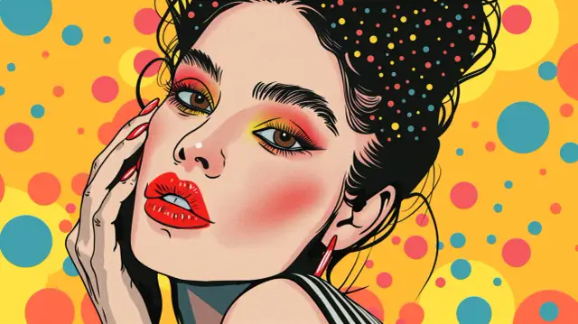 Pop-artowa tapeta z wizerunkiem kobiety z kolorowymi kropkami we włosach na żółtym tle.