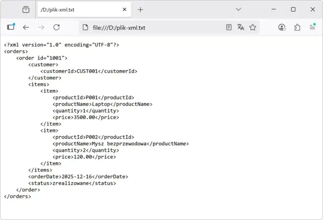 Plik XML z zamówieniem, zawierający laptop i mysz. Dowiedz się, xml czym otworzyć, by zobaczyć szczegóły.
