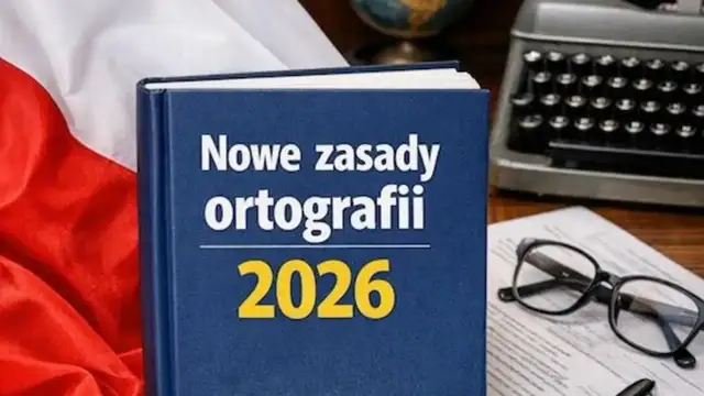 Książka "Nowe zasady ortografii 2026" na tle polskiej flagi, obok okularów i maszyny do pisania.