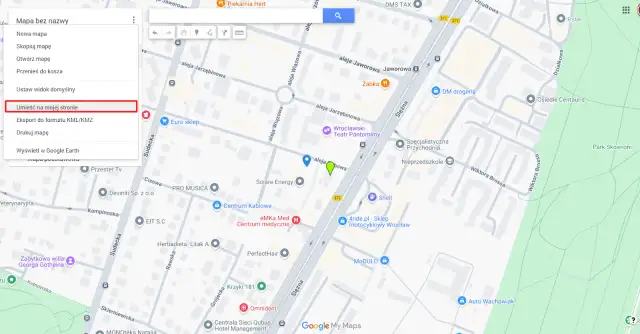 Menu Google Maps: "Umieść na mojej stronie" - instrukcja, jak umieścić mapę Google na swojej stronie.