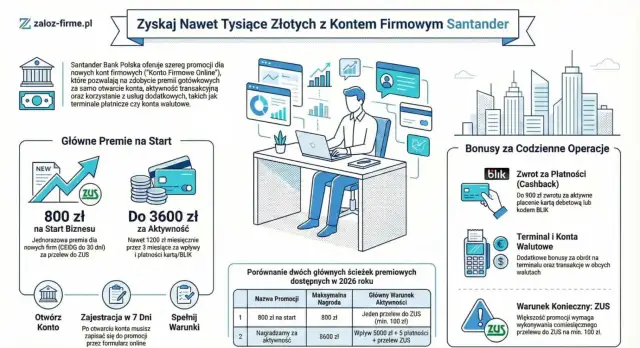 Promocja Santander: premia 800 zł za otwarcie konta firmowego i przelew do ZUS, do 3600 zł za aktywność. Konto debetowe z bonusem BLIK.