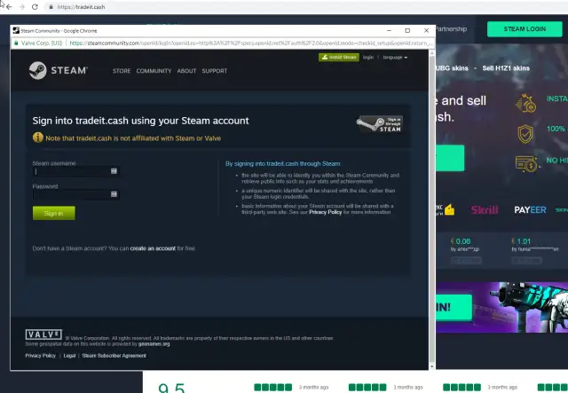 Ekran logowania do tradeit.cash przez konto Steam, z polami na nazwę użytkownika i hasło.