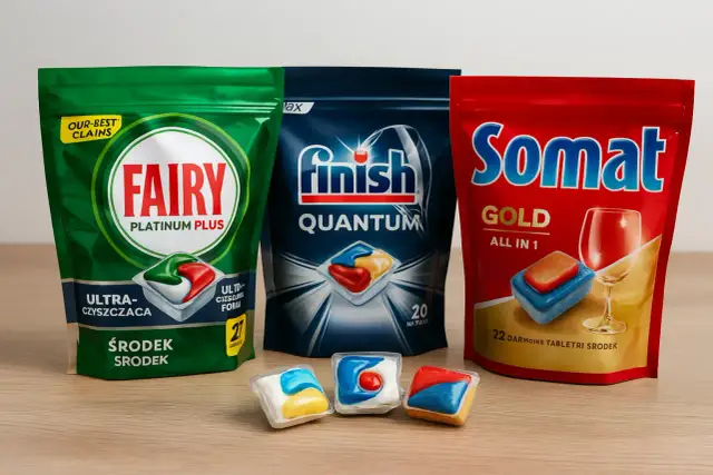 Trzy opakowania środków do zmywarki: Fairy, Finish i Somat, z widocznymi kapsułkami.